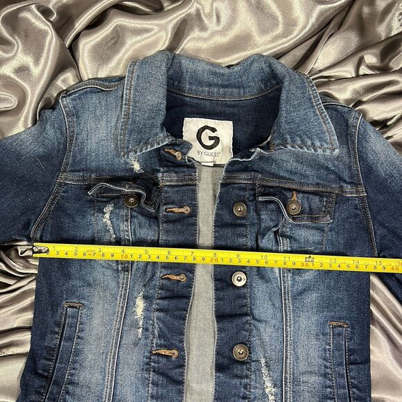 G By Guess Cropped Stretch Denim Jean Jacket Size S Holes Button Down Pockets - Picture 9 of 11